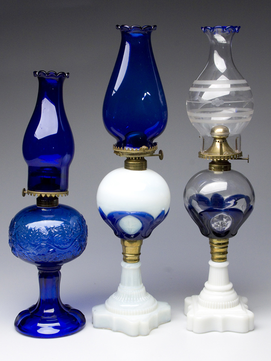 Rare examples of early kerosene lighting from the Meyer collection. Image courtesy of Jeffrey S. Evans & Associates.   